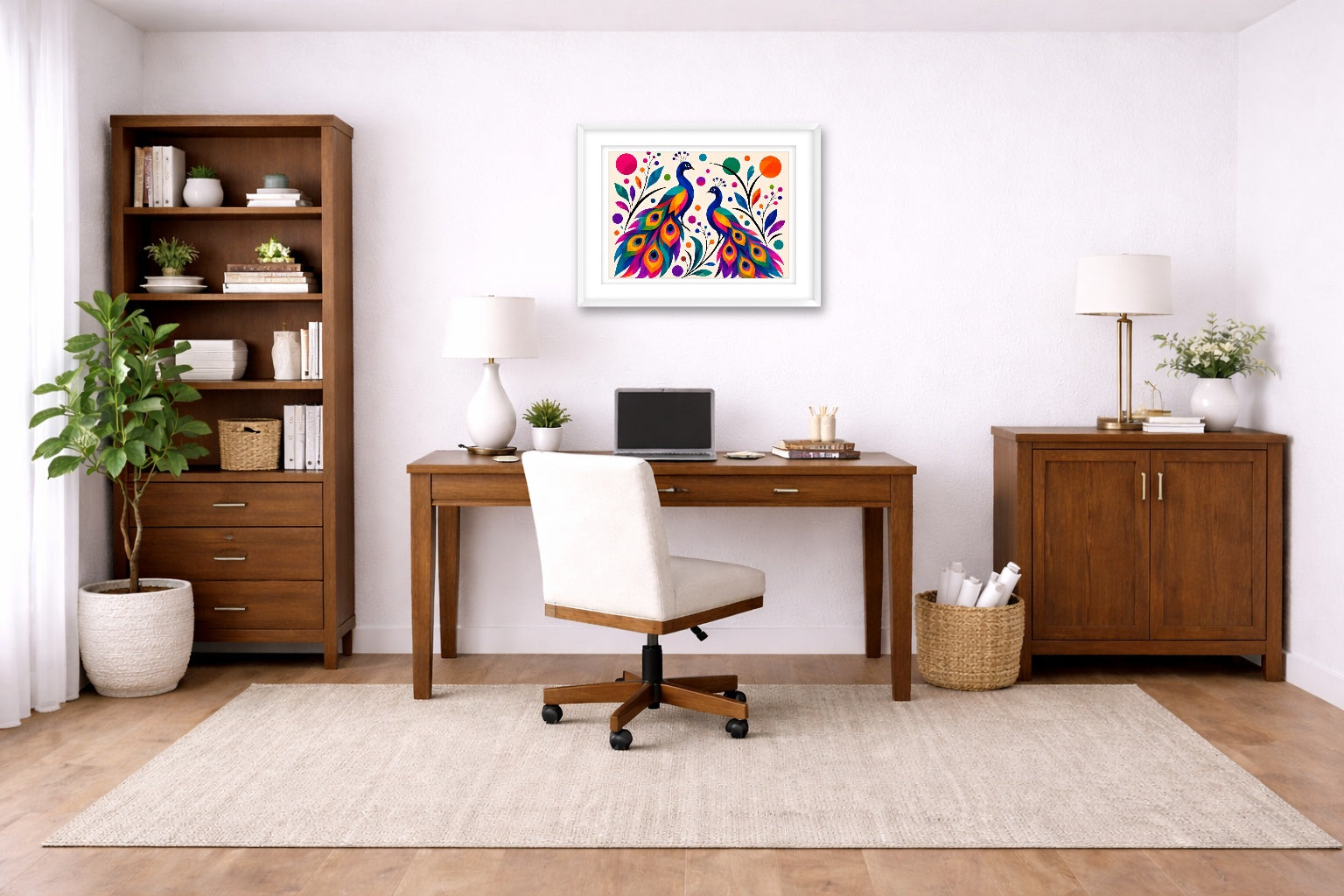 Peacock Pair - Geometric Painting printed on fine art paper, framed on a white frame and matted. Hung on a home office wall.