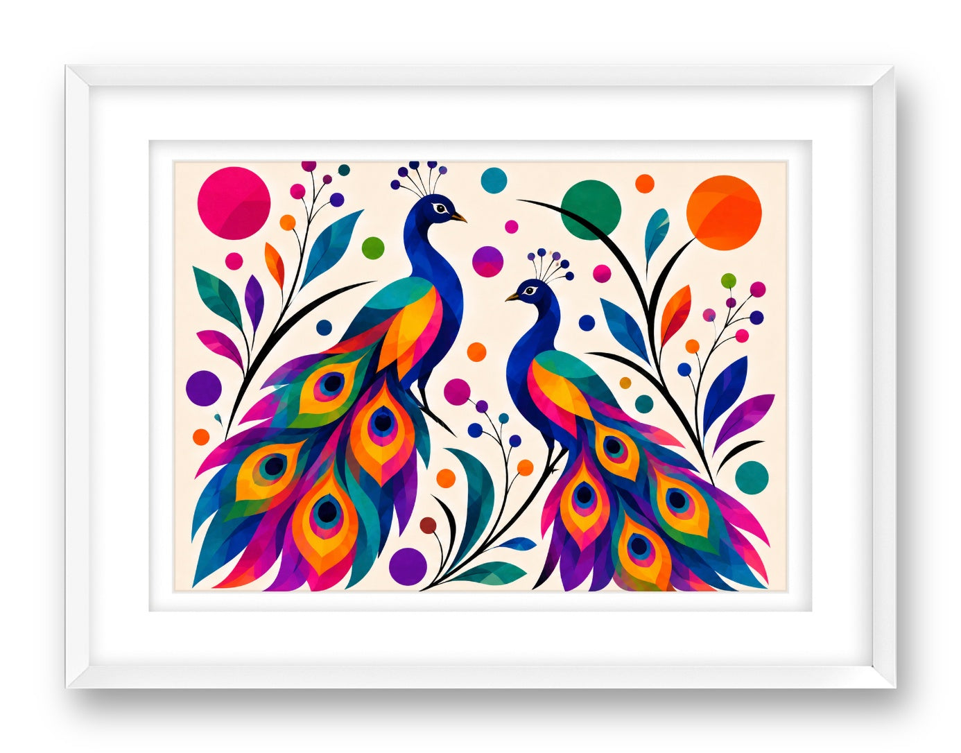 Peacock Pair printed on fine art paper, framed on a white frame and matted.