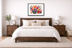 Colorful Tulips - Geometric Painting printed on fine art paper, framed on a black frame and matted and hung on a wall on an bedroom wall.