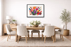 Colorful Tulips - Geometric Painting printed on fine art paper, framed on a black frame and matted and hung on a dining room wall.