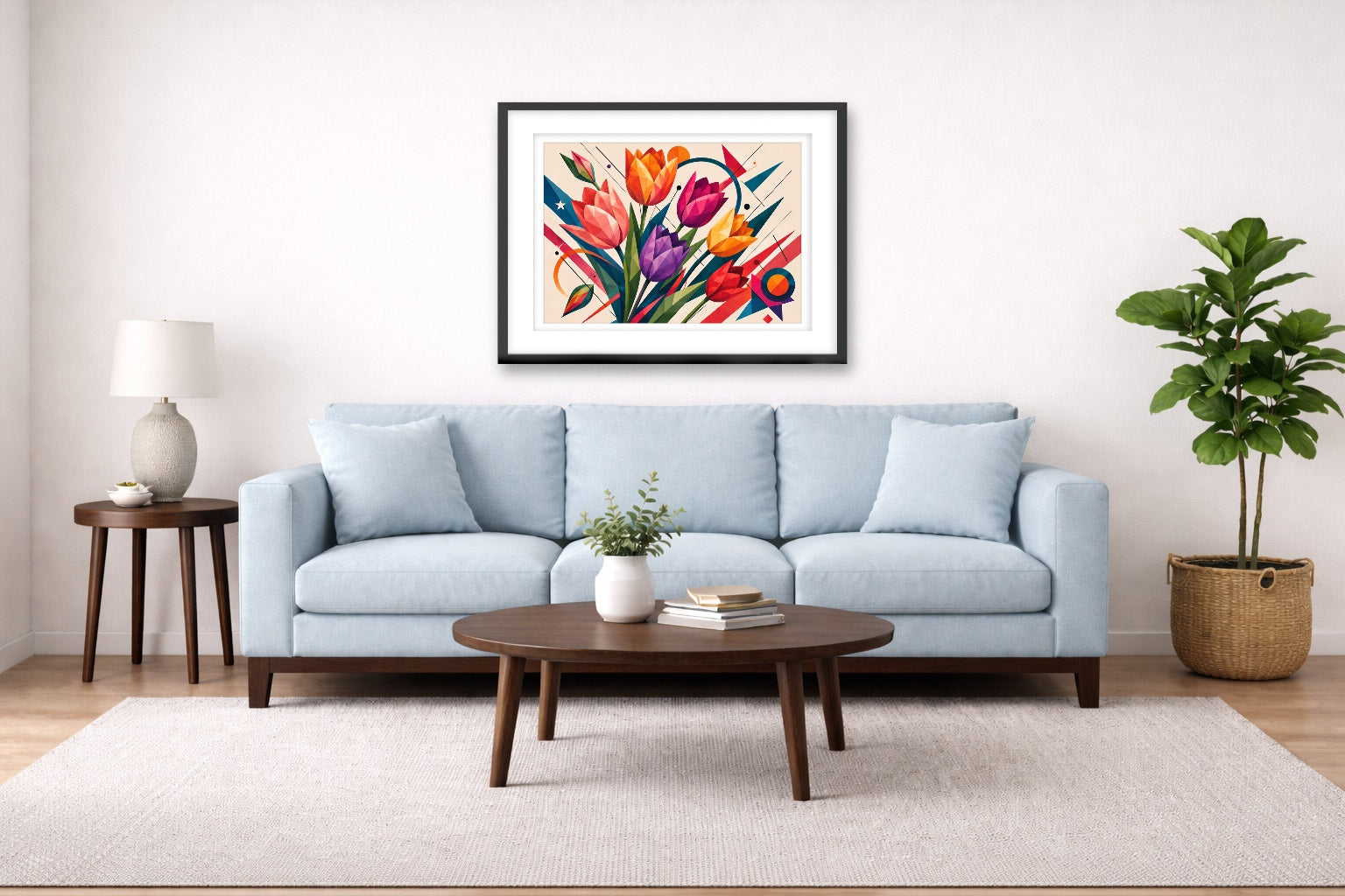 Colorful Tulips - Geometric Painting printed on fine art paper, framed on a black frame and matted and hung on a Living Room wall above a couch