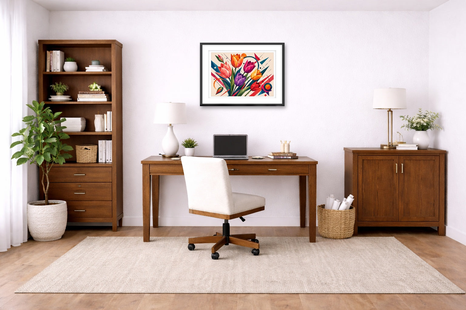 Colorful Tulips - Geometric Painting printed on fine art paper, framed on a black frame and matted and hung on a wall on an home office wall.