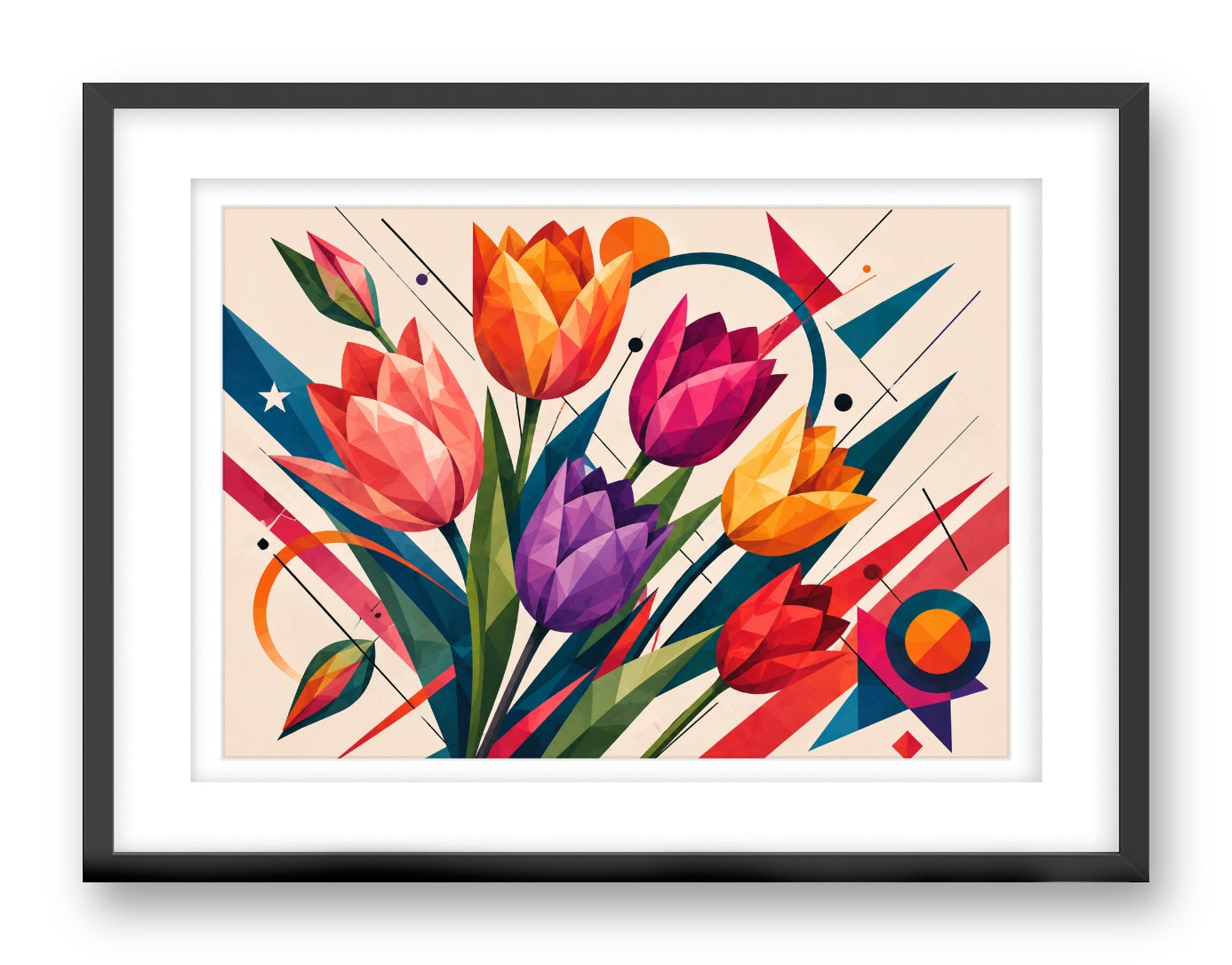 Colorful Tulips printed on fine art paper, framed on a black frame and matted.