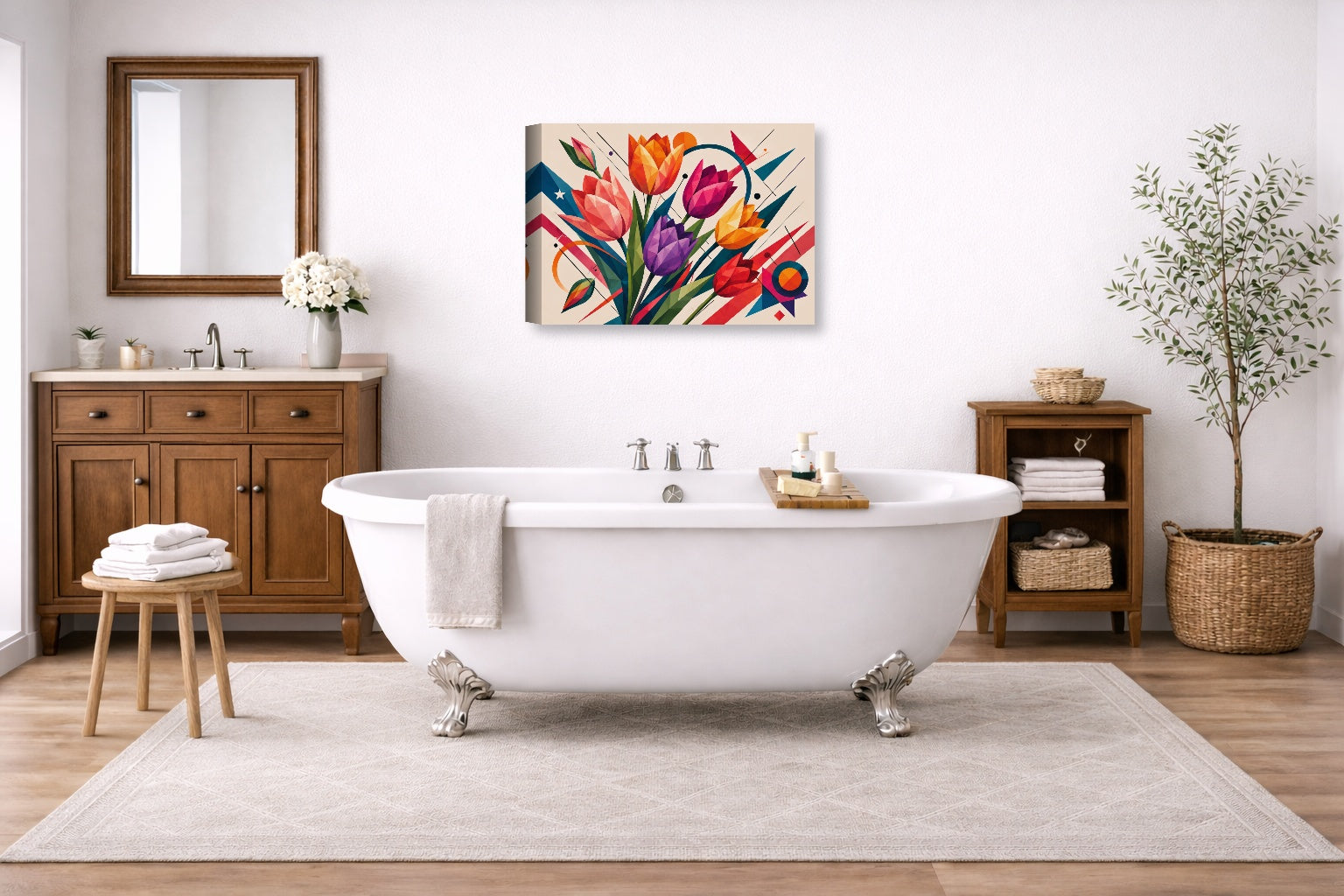 Colorful Tulips - Geometric Painting printed on canvas wall art displayed on a bathroom wall .