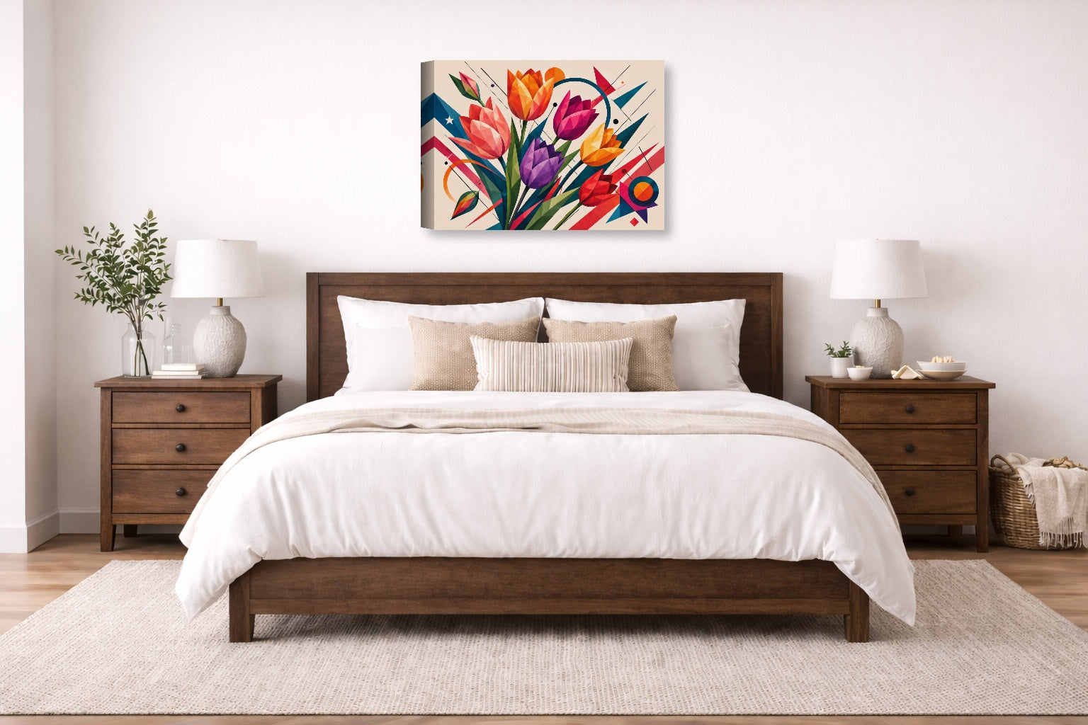 Colorful Tulips - Geometric Painting printed on canvas wall art displayed on a wall above a bed.