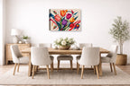 Colorful Tulips - Geometric Painting printed on canvas wall art displayed on a wall in the dinning room
