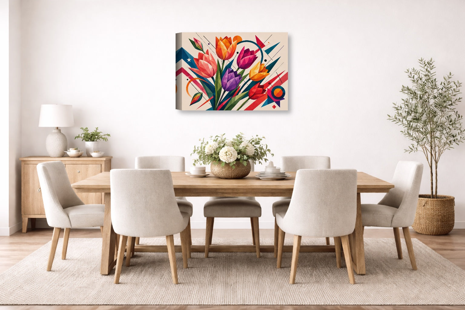 Colorful Tulips - Geometric Painting printed on canvas wall art displayed on a wall in the dinning room