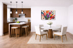 Colorful Tulips - Geometric Painting printed on canvas wall art displayed on a wall in a dinette.