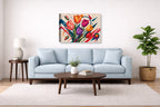 Colorful Tulips - Geometric Painting printed on canvas wall art displayed above a couch in a living room