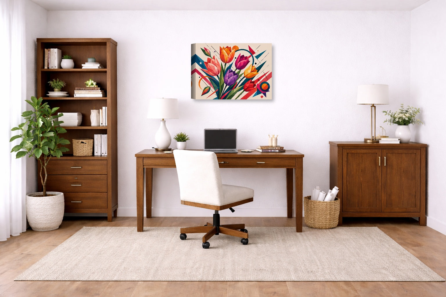 Colorful Tulips - Geometric Painting printed on canvas wall art displayed on a wall in a a home office.