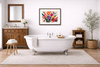 Colorful Tulips - Geometric Painting printed on fine art paper, framed on a espresso frame and matted. Hung on a bathroom wall.