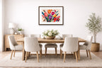 Colorful Tulips - Geometric Painting printed on fine art paper, framed on a espresso frame and matted. Hung on a dinning room wall