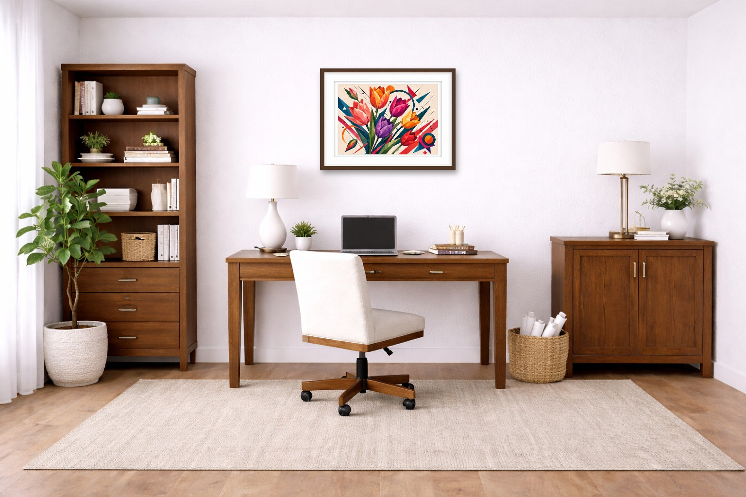 Colorful Tulips - Geometric Painting printed on fine art paper, framed on a espresso frame and matted. Hung on a living home office wall.
