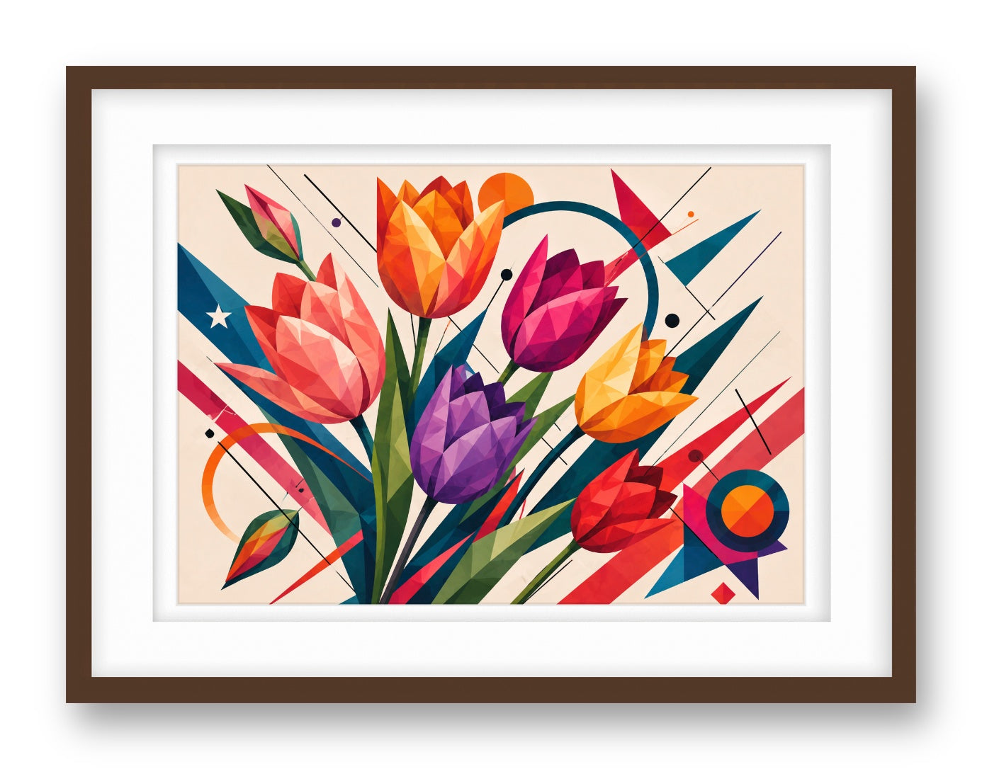 Colorful Tulips printed on fine art paper, framed on a espresso frame and matted.