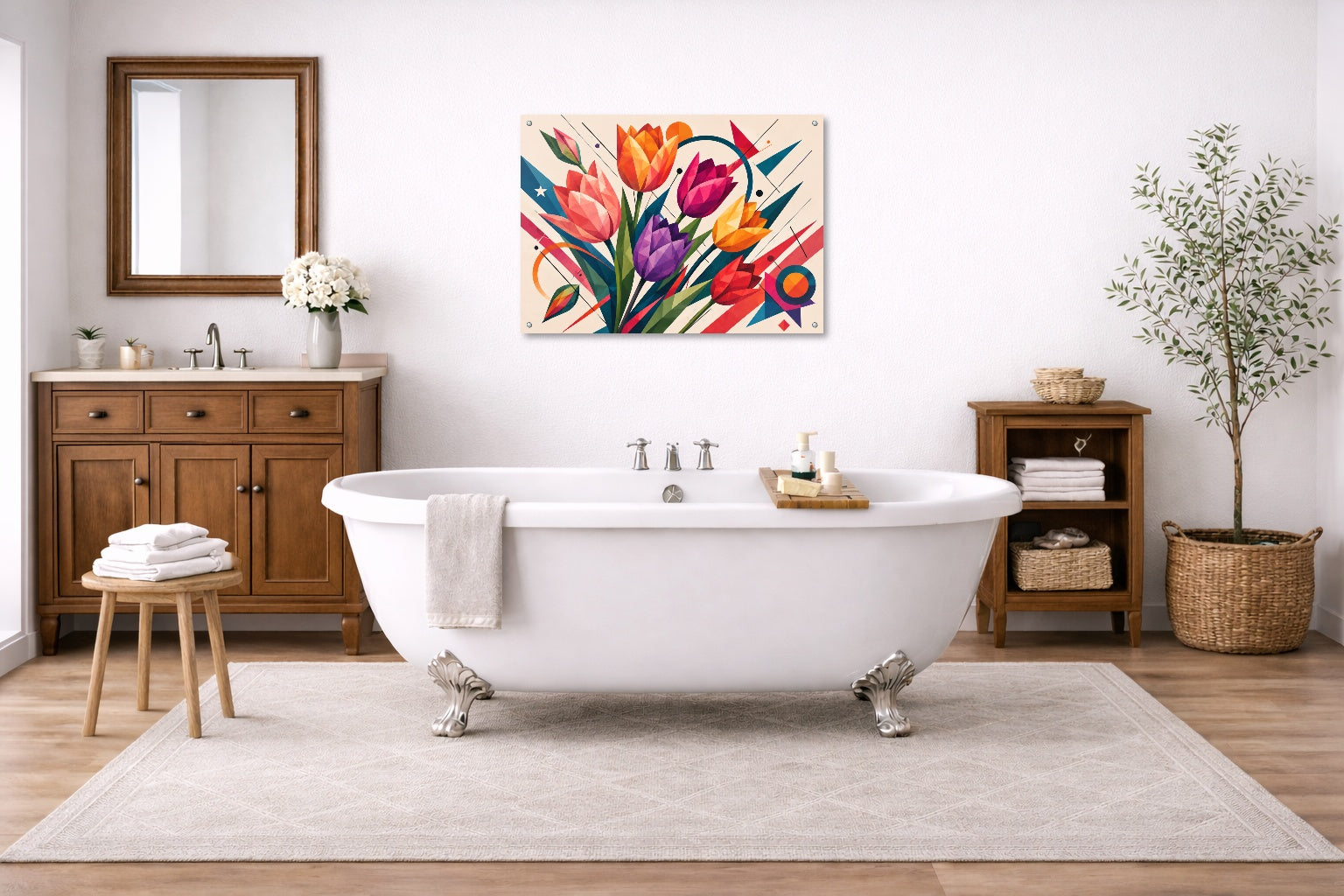 Colorful Tulips - Geometric Painting printed on aluminum metal with wall anchors. Hung on a bathroom wall.