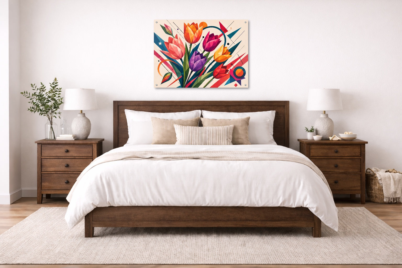 Colorful Tulips - Geometric Painting printed on aluminum metal with wall anchors. Hung on a bedroom wall.