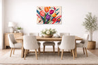 Colorful Tulips - Geometric Painting printed on aluminum metal with wall anchors. Hung on a dining room wall.