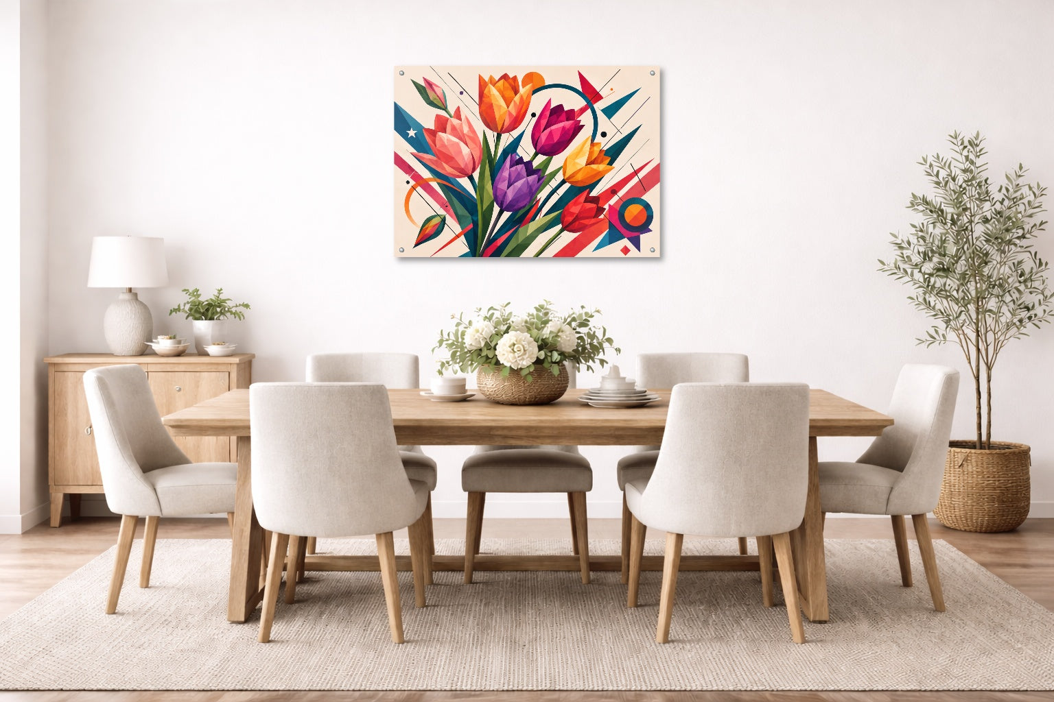 Colorful Tulips - Geometric Painting printed on aluminum metal with wall anchors. Hung on a dining room wall.