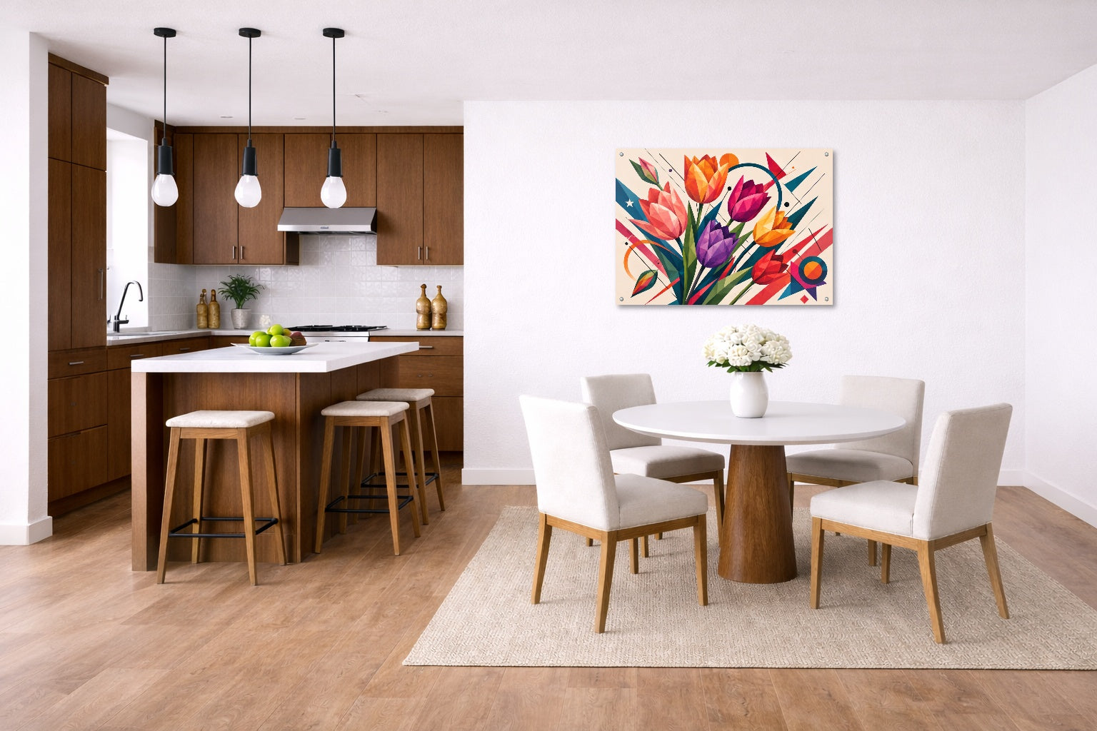 Colorful Tulips - Geometric Painting printed on aluminum metal with wall anchors. Hung on a kitchen-dinette wall.