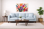 Colorful Tulips - Geometric Painting printed on aluminum metal with wall anchors. Hung on a living room wall.