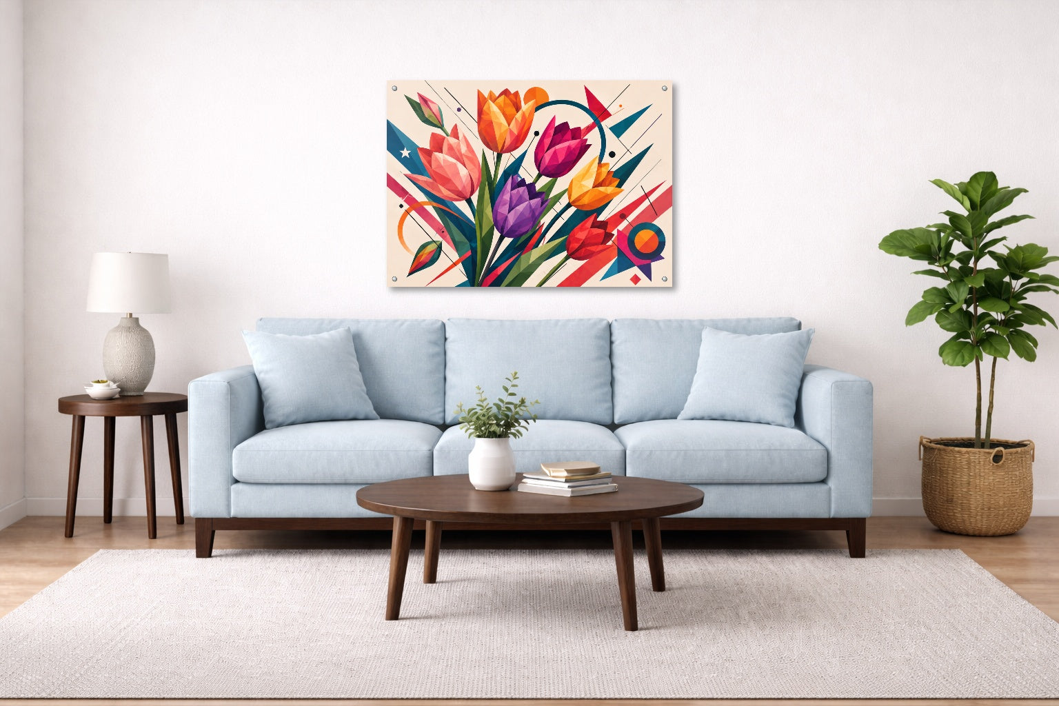 Colorful Tulips - Geometric Painting printed on aluminum metal with wall anchors. Hung on a living room wall.