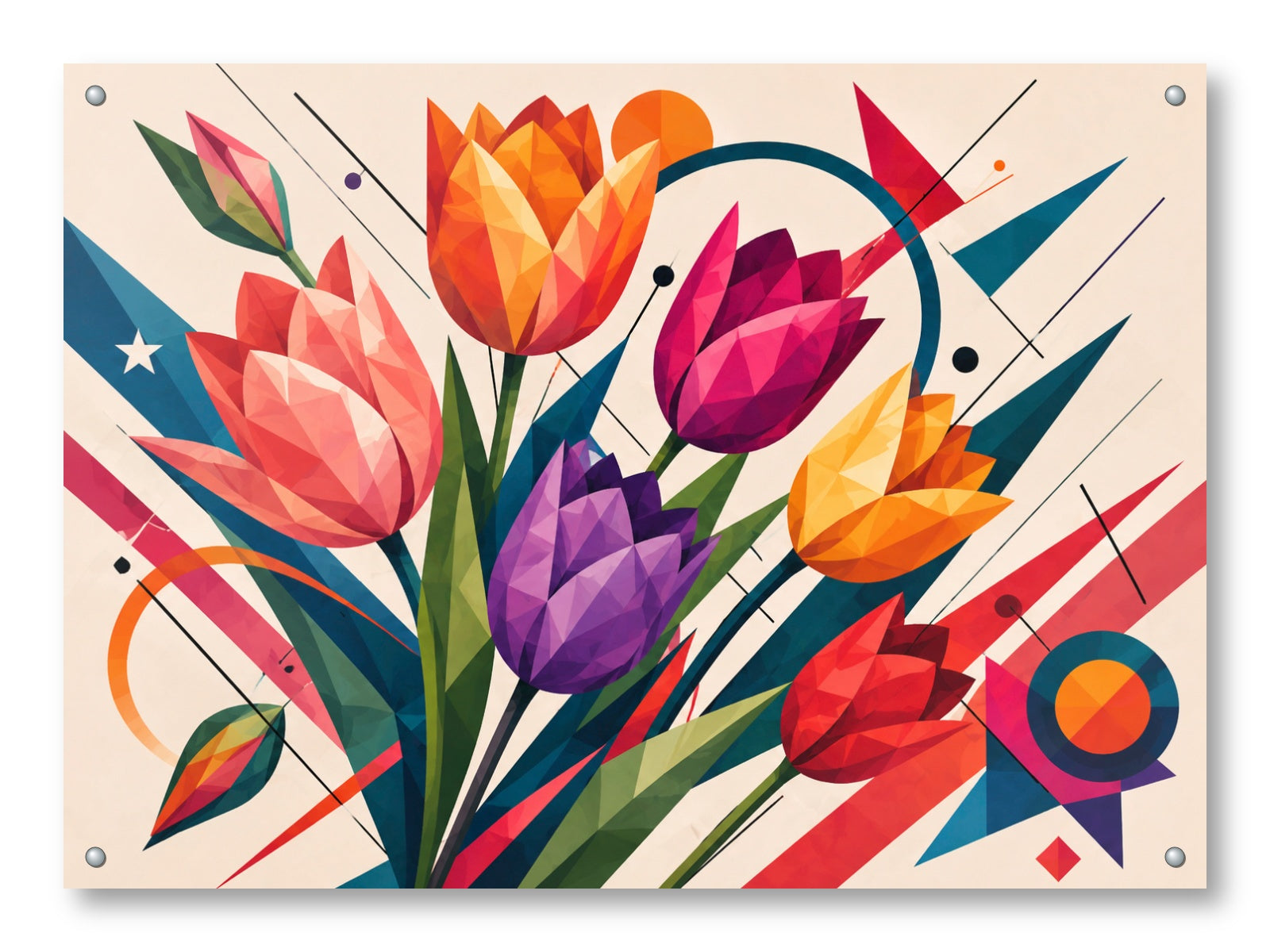 Colorful Tulips printed on aluminum metal with wall anchors.