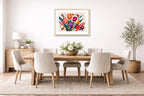 Colorful Tulips - Geometric Painting printed on fine art paper, framed on a oak frame and matted. Hung on a dining room wall.