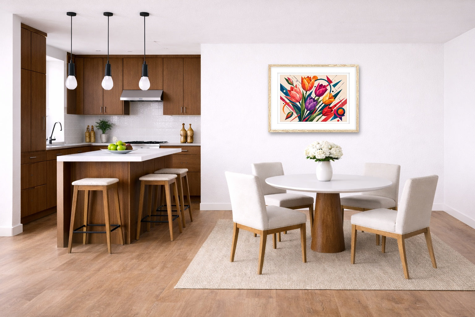 Colorful Tulips - Geometric Painting printed on fine art paper, framed on a oak frame and matted. Hung on a kitchen-dinette wall.