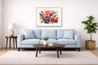 Colorful Tulips - Geometric Painting printed on fine art paper, framed on a oak frame and matted. Hung on a living room wall.
