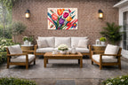 Colorful Tulips - Geometric Painting printed on water resistant canvas and mounted on a waterproof frame. Hung on a patio wall.