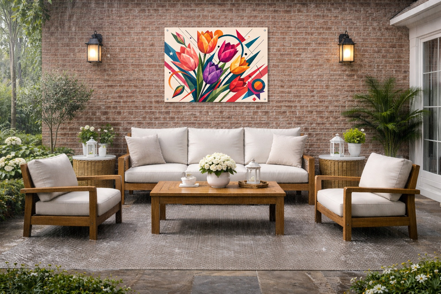 Colorful Tulips - Geometric Painting printed on water resistant canvas and mounted on a waterproof frame. Hung on a patio wall.