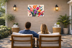 Colorful Tulips - Geometric Painting printed on water resistant canvas and mounted on a waterproof frame. Hung on a patio wall with couple.