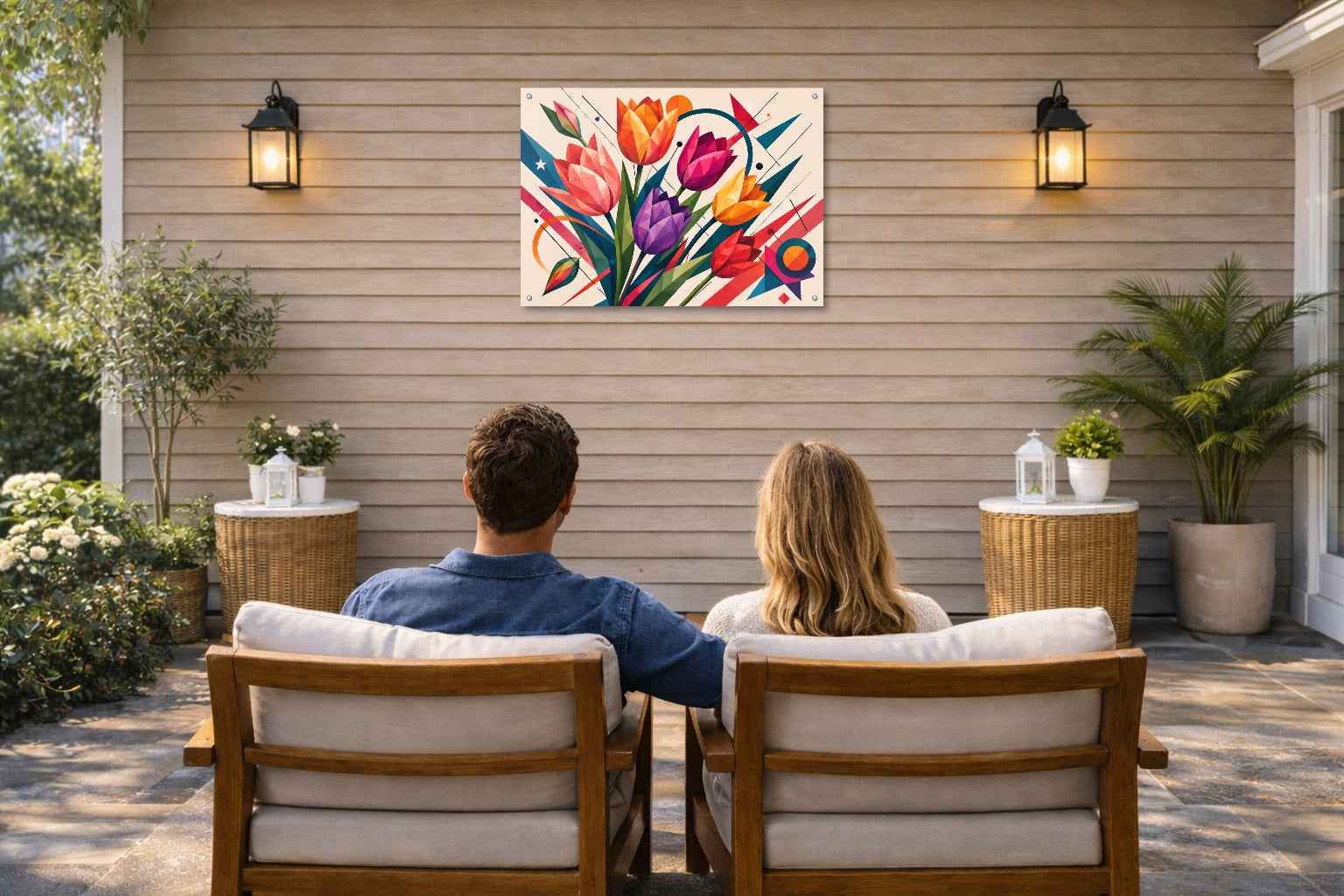 Colorful Tulips - Geometric Painting printed on water resistant canvas and mounted on a waterproof frame. Hung on a patio wall with couple.