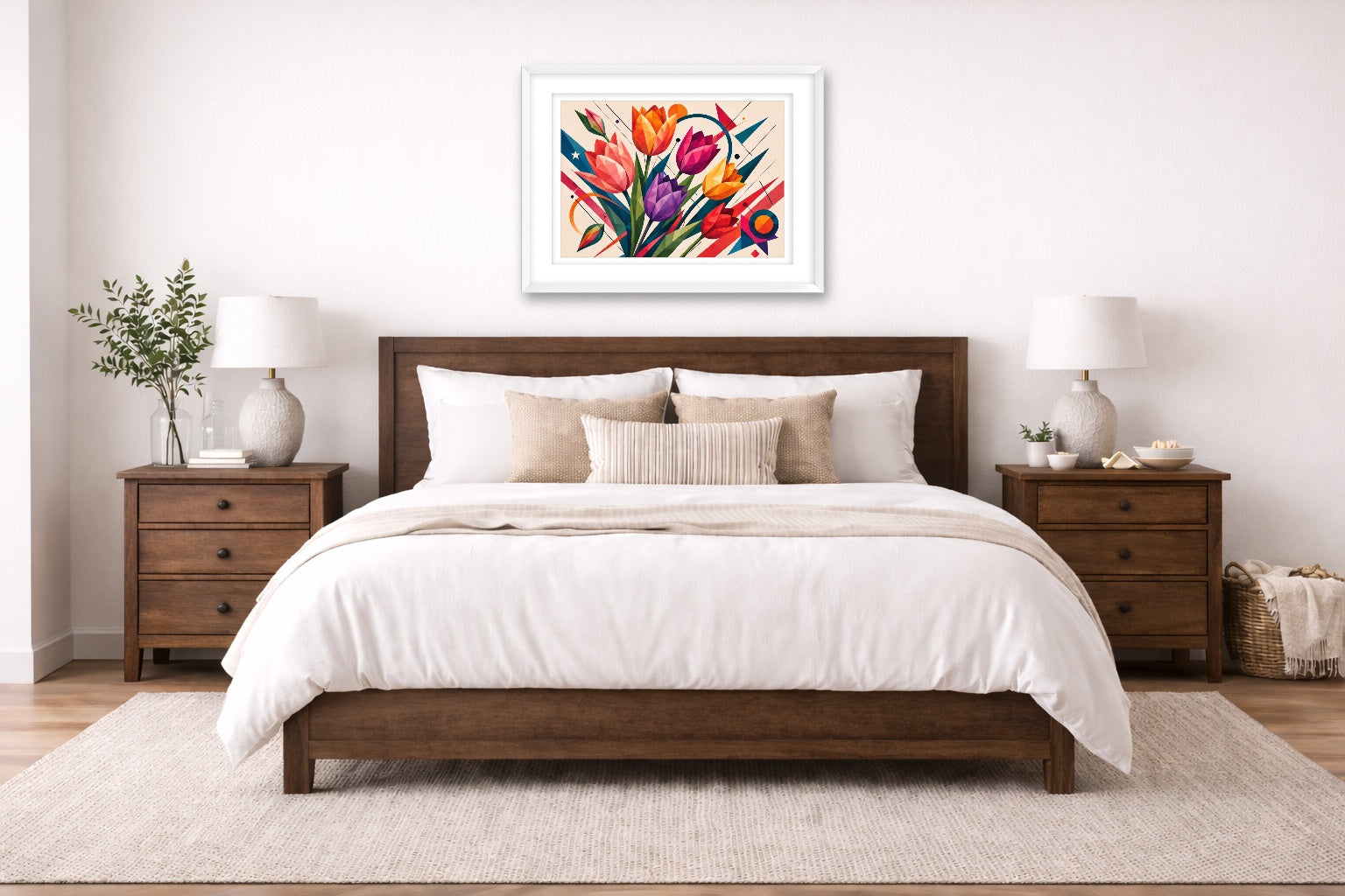 Colorful Tulips - Geometric Painting printed on fine art paper, framed on a white frame and matted. Hung on a bedroom room wall