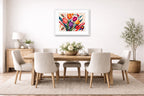 Colorful Tulips - Geometric Painting printed on fine art paper, framed on a white frame and matted. Hung on a dining room wall.