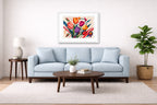 Colorful Tulips - Geometric Painting printed on fine art paper, framed on a white frame and matted. Hung on a living room wall.
