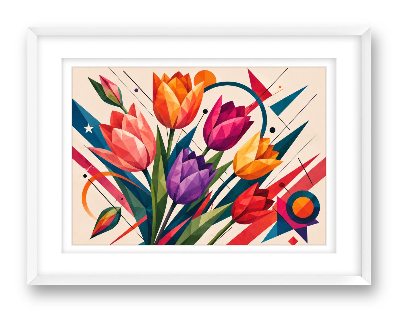 Colorful Tulips printed on fine art paper, framed on a white frame and matted.