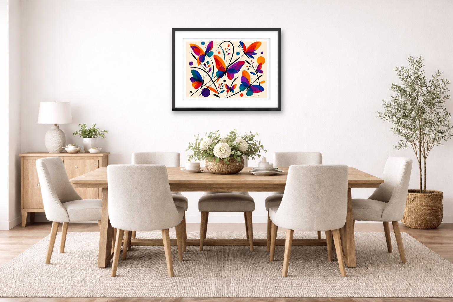 Colorful Butterflies - Abstract Painting printed on fine art paper, framed on a black frame and matted and hung on a dining room wall.