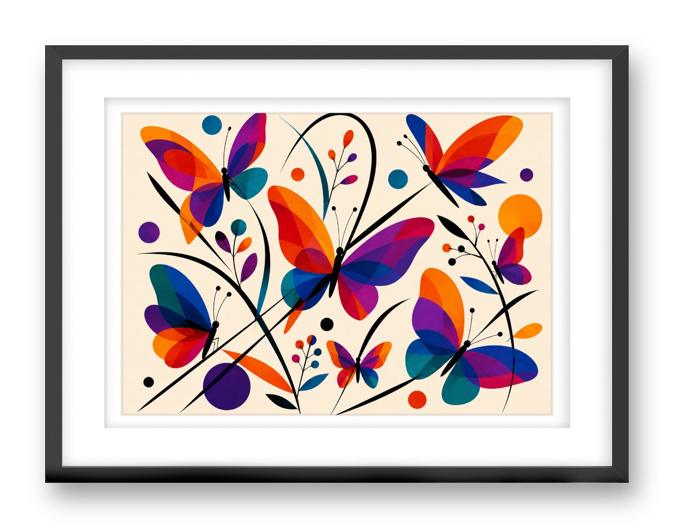 Colorful Butterflies printed on fine art paper, framed on a black frame and matted.