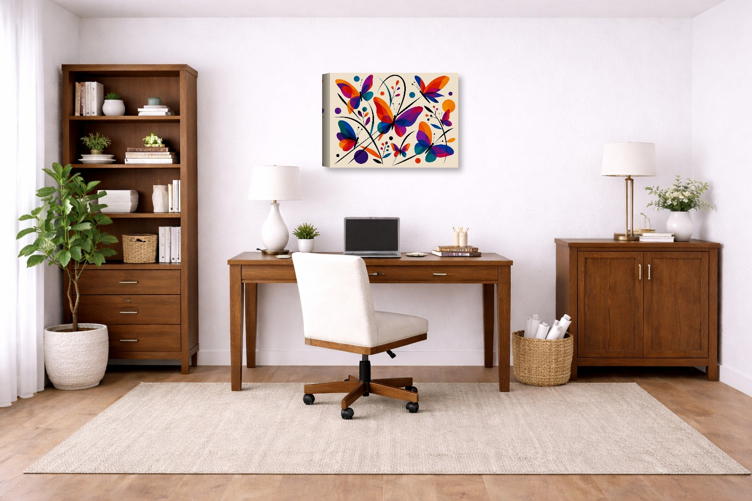 Colorful Butterflies - Abstract Painting printed on canvas wall art displayed on a wall in a a home office.