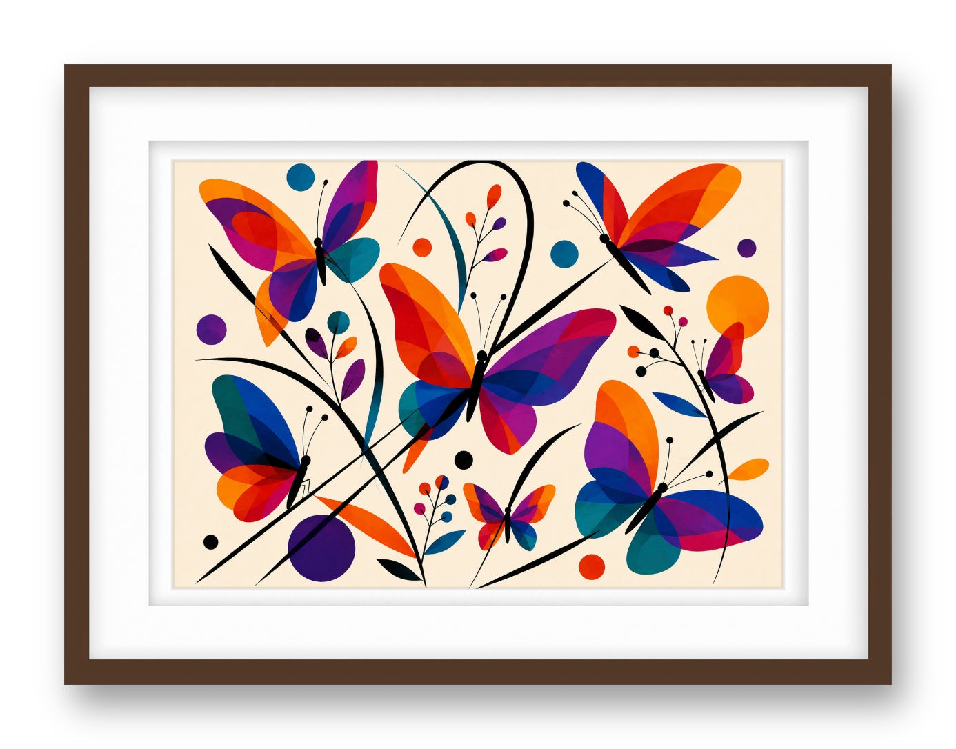 Colorful Butterflies printed on fine art paper, framed on a espresso frame and matted.