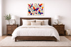 Colorful Butterflies - Abstract Painting printed on aluminum metal with wall anchors. Hung on a bedroom wall.