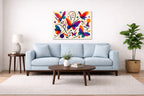 Colorful Butterflies - Abstract Painting printed on aluminum metal with wall anchors. Hung on a living room wall.