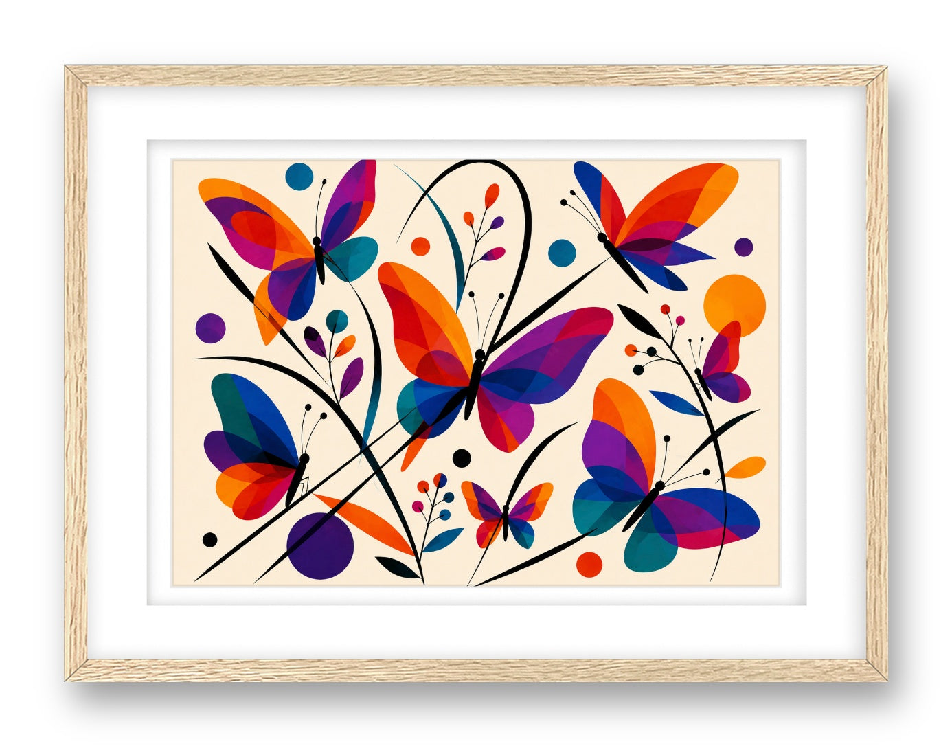 Colorful Butterflies printed on fine art paper, framed on a oak frame and matted.