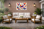 Colorful Butterflies - Abstract Painting printed on water resistant canvas and mounted on a waterproof frame. Hung on a patio wall.