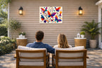 Colorful Butterflies - Abstract Painting printed on water resistant canvas and mounted on a waterproof frame. Hung on a patio wall with couple.