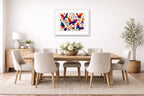 Colorful Butterflies - Abstract Painting printed on fine art paper, framed on a white frame and matted. Hung on a dining room wall.