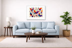 Colorful Butterflies - Abstract Painting printed on fine art paper, framed on a white frame and matted. Hung on a living room wall.