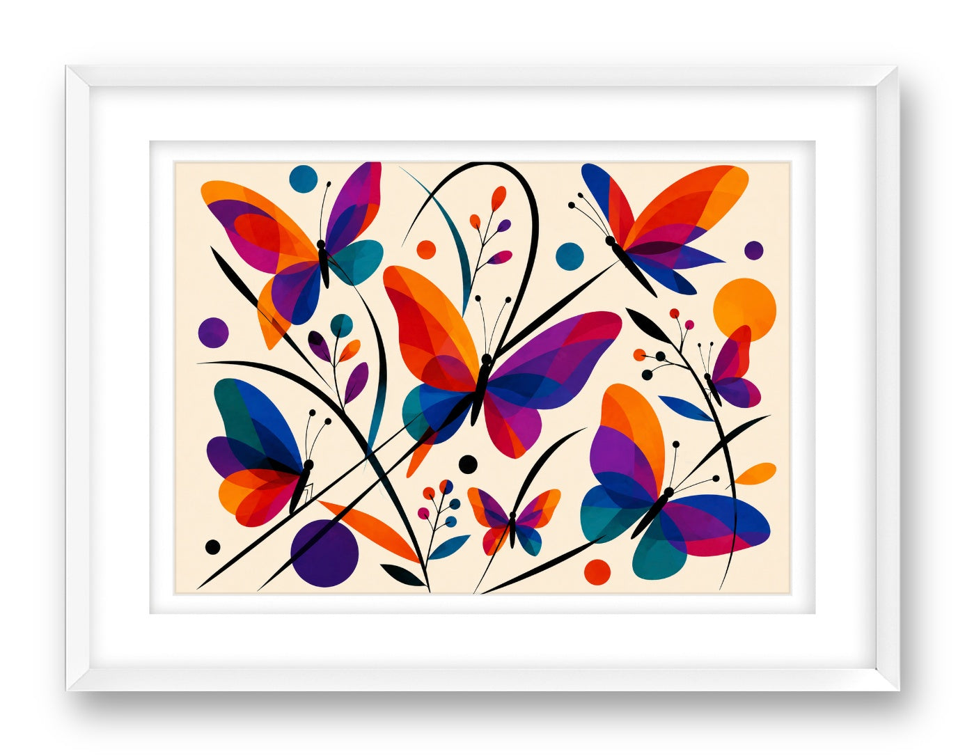 Colorful Butterflies printed on fine art paper, framed on a white frame and matted.