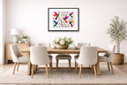 Hummingbirds - Colorful Abstract Painting printed on fine art paper, framed on a black frame and matted and hung on a dining room wall.